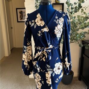 Floral Wrap Dress in Navy Blue
